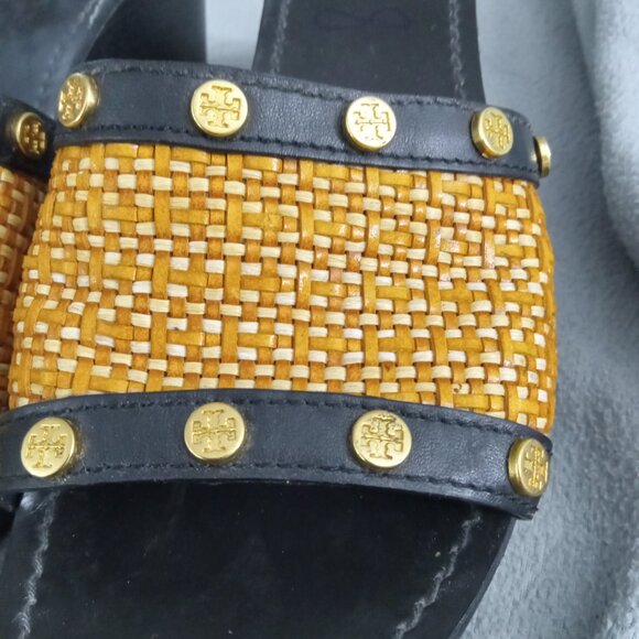 TORY BURCH Straw/Leather JOANIE Studded PLATFORM WEDGE SANDALS US 8.5 Logo s7155 - Picture 11 of 16